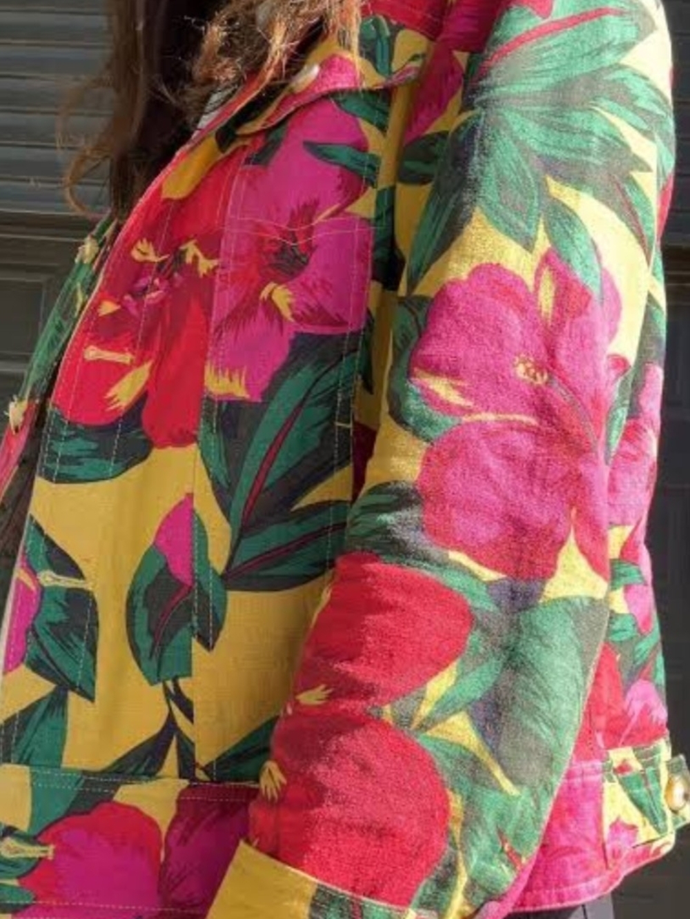 Tahari Yellow Jacket with Pink Floral & Green Leaves